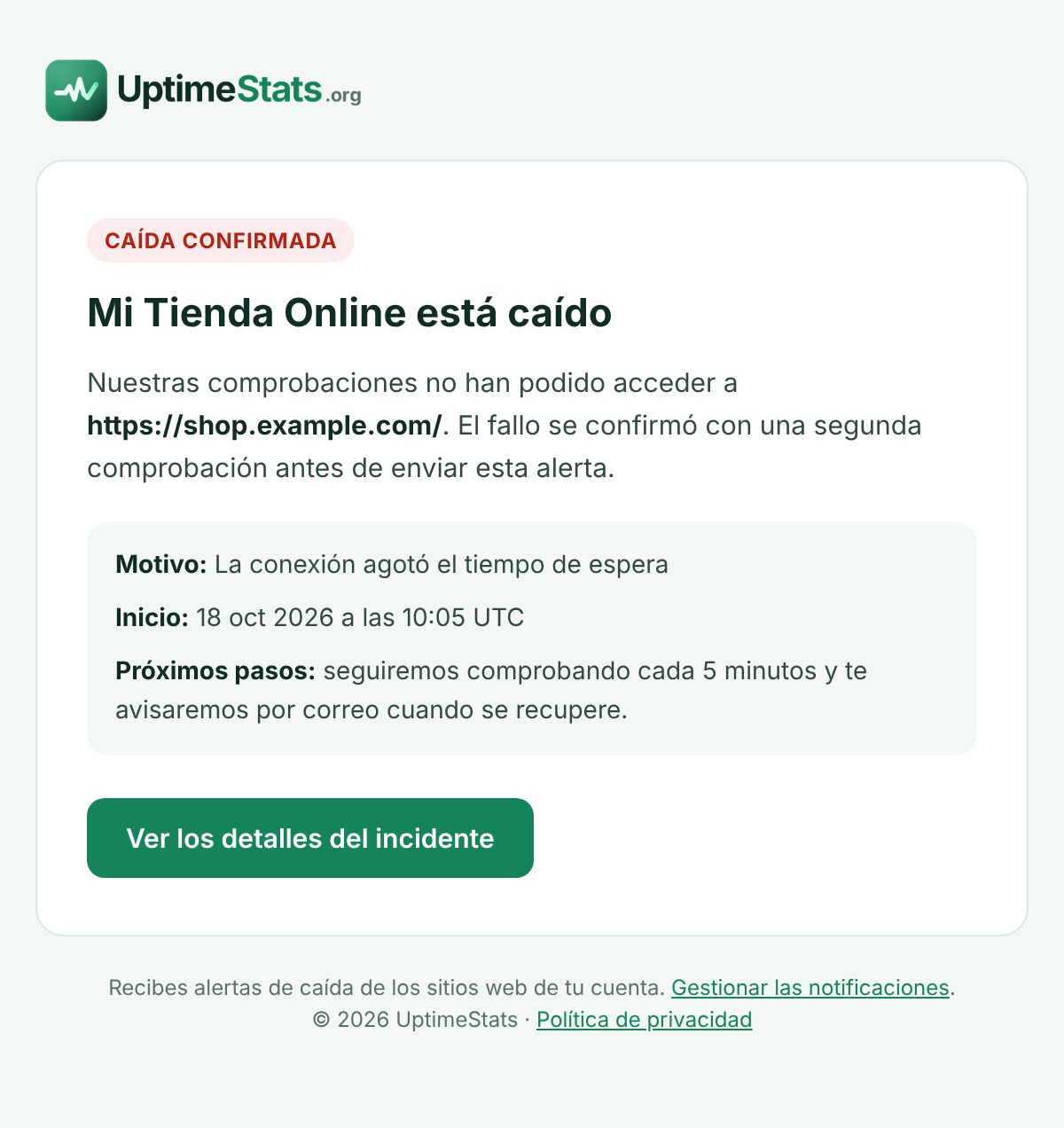 Ejemplo de correo de alerta de caída de UptimeStats: Mi Tienda Online está caída, motivo: la conexión agotó el tiempo de espera, inicio el 18 oct a las 10:05 UTC, con un botón para ver los detalles del incidente.